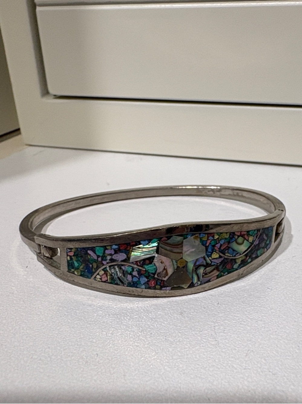 Silver Abalone Mosaic Bangle Bracelet - Multicolor